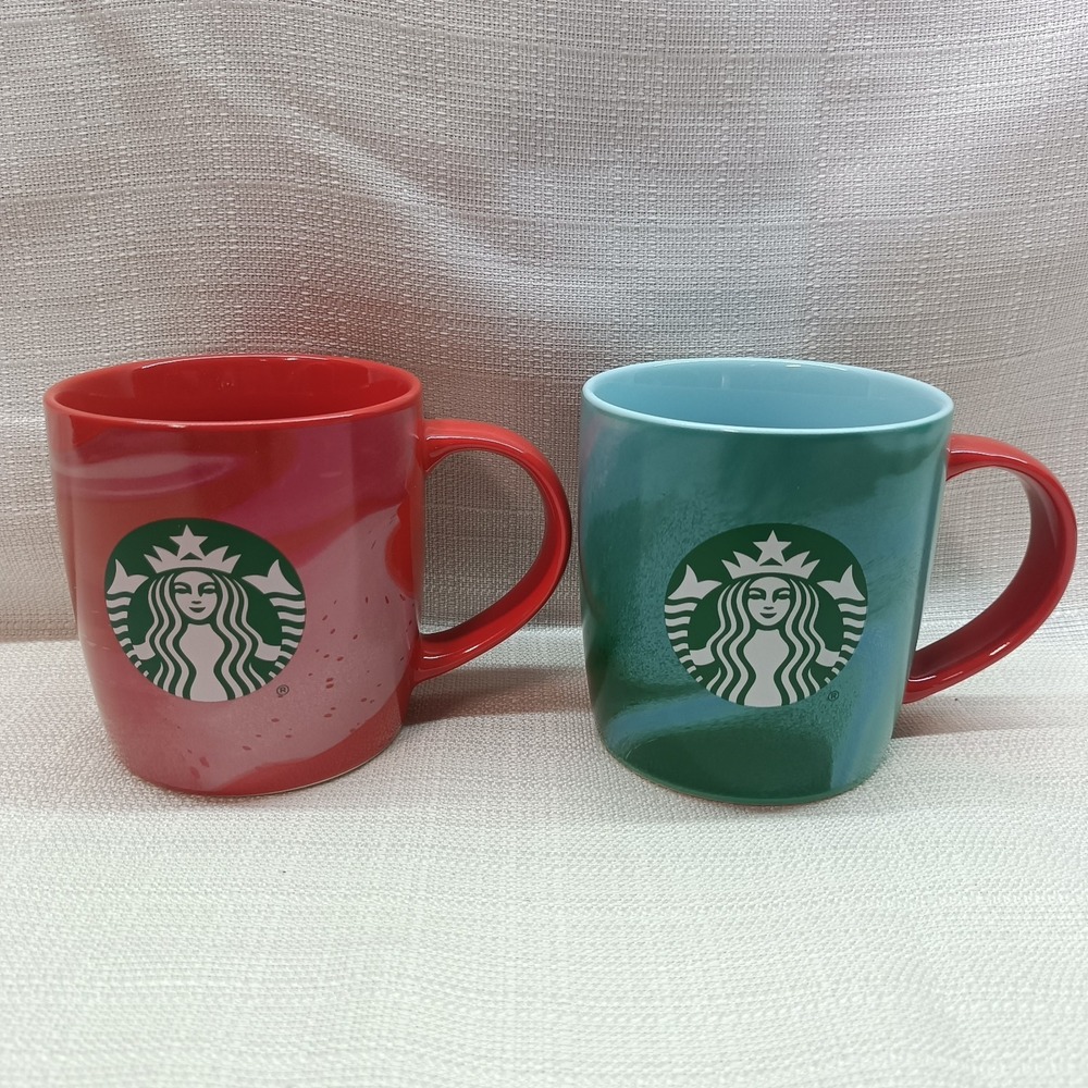 Starbucks 2024 Christmas Holiday Mug Set Green Red Marbled 11oz Coffee Tea Cocoa